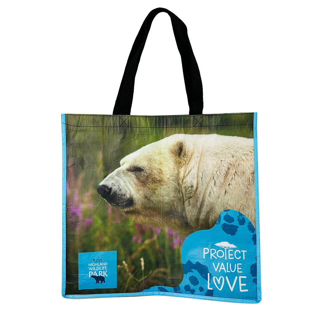 This large reusable bag from the RZSS is made from recycled materials and features our famous Highland Wildlife Park Polar Bear and Edinburgh Zoo Penguins. Bag dimensions: 40cm x 40cm x 15cm