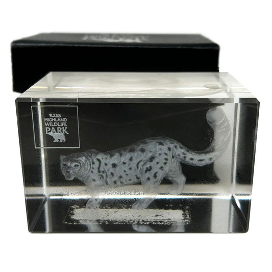 This beautifully designed 3D laser etched glass block can only be found at the Highland Wildlife Park .   It is ideal as a general ornament or as a stylish paperweight. It is approximately 8cm x 5cm (3 inch x 2 inch).