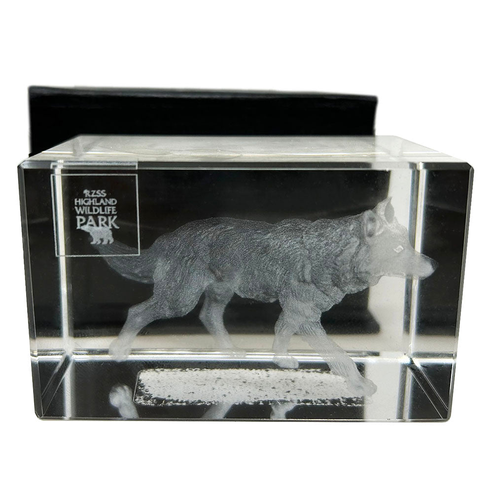 This beautifully designed 3D laser etched glass block can only be found at the Highland Wildlife Park . It is ideal as a general ornament or as a stylish paperweight. It is approximately 8cm x 5cm (3 inch x 2 inch).