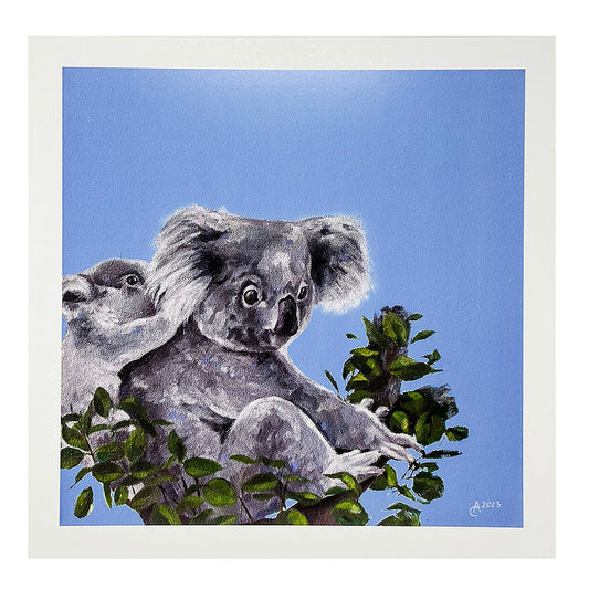 Ally Smith is a local Edinburgh based artist who has always been inspired to paint nature. Ally paints in contemporary bright, bold colours, creating characterful animal studies.  This image of a mother and baby Koala was based on one of Ally's many happy family visits to Edinburgh Zoo, to visit the new joey.&nbsp;  Koala poster, designed and printed in Scotland on paper from managed forests.  29.8cm square