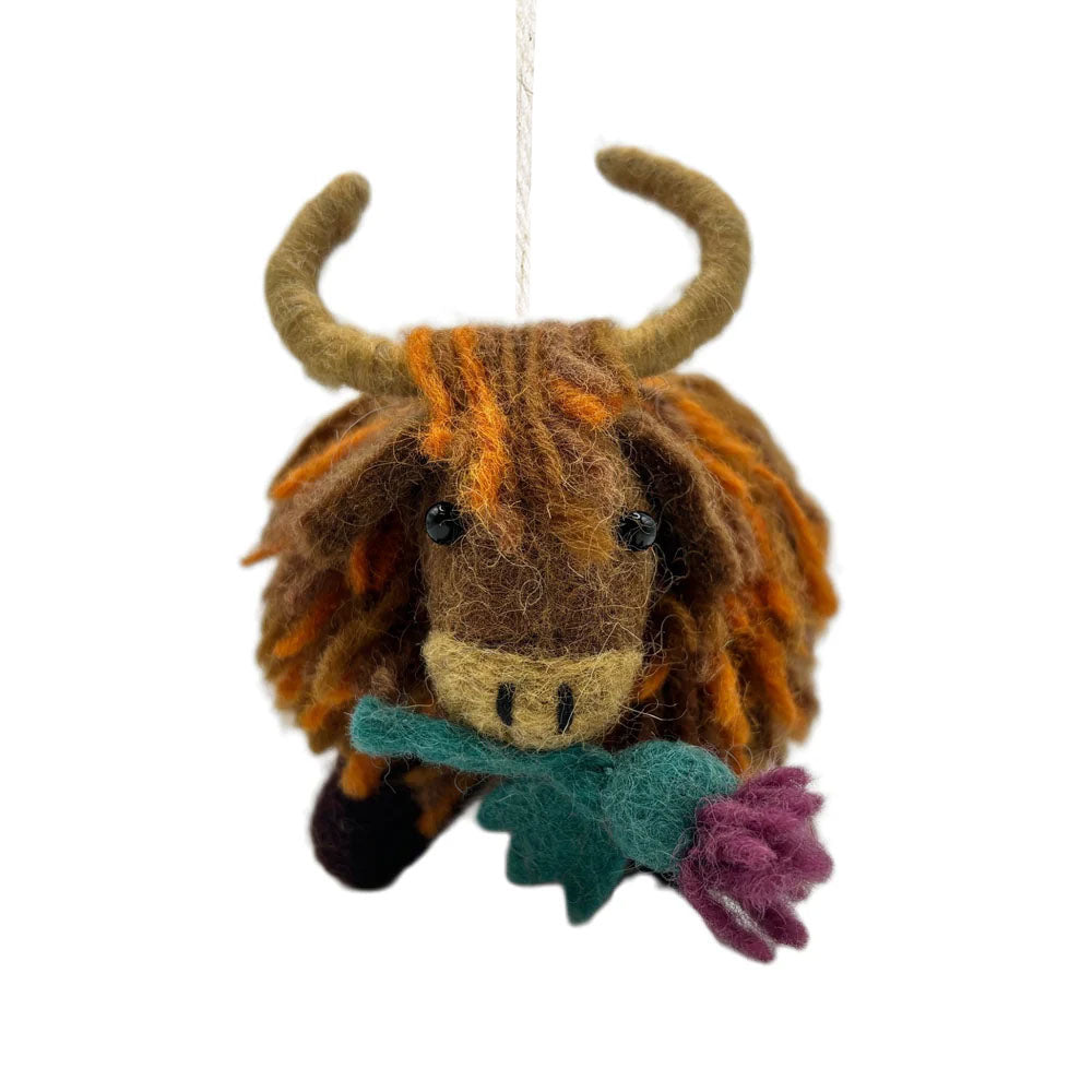 Felt highland cow with thistle hanging decoration