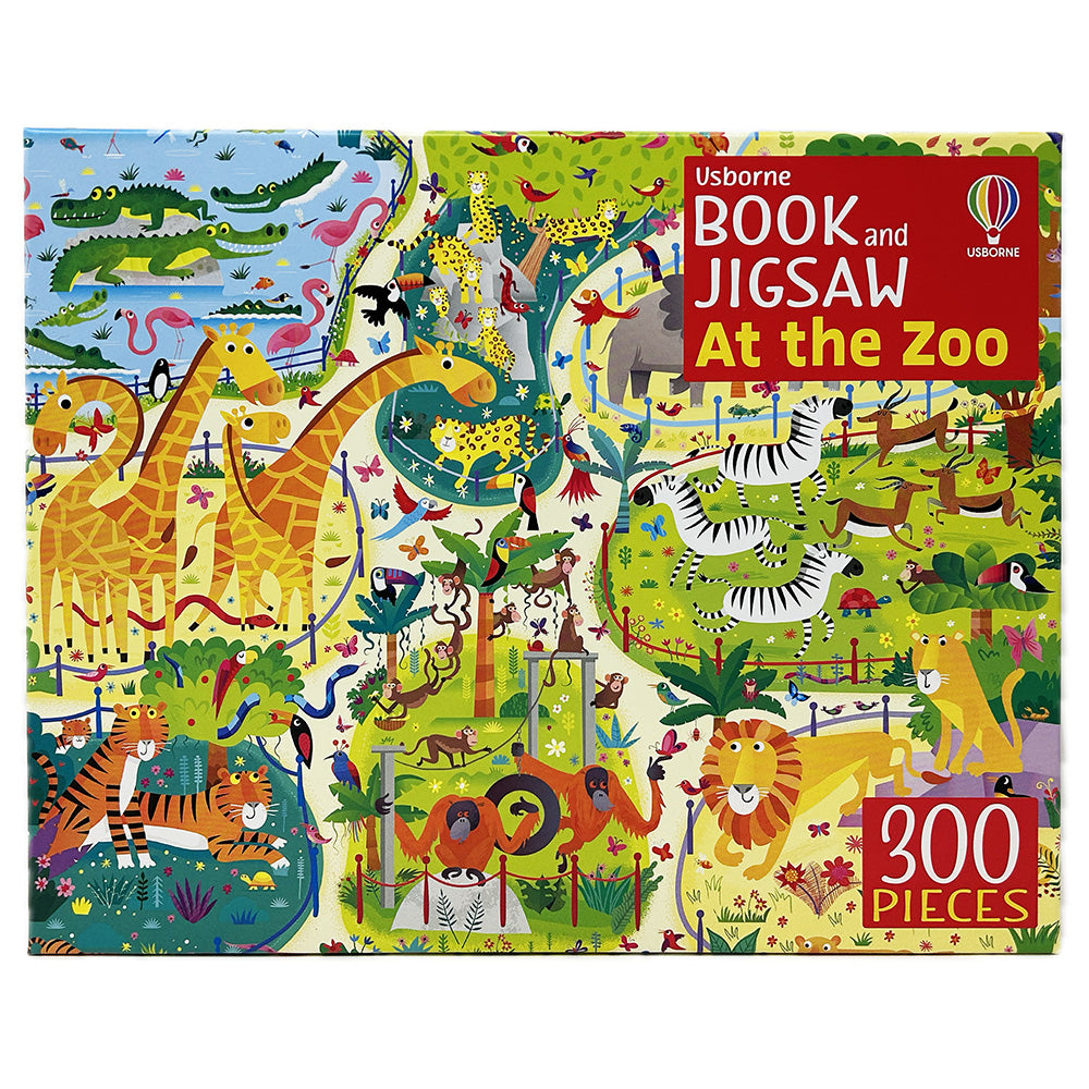 A vibrantly illustrated 300-piece jigsaw showing a busy zoo with all kinds of exciting animals, plus a picture puzzle book, presented together in a colourful sturdy box. Both are packed with things to spot and talk about: can you find a snowboarding penguin, a flamingo looking for its fishing net, and a little white mouse in every picture?
At The Zoo Book and Jigsaw