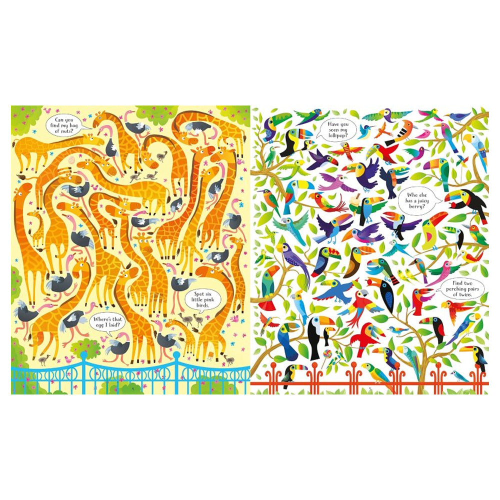 A vibrantly illustrated 300-piece jigsaw showing a busy zoo with all kinds of exciting animals, plus a picture puzzle book, presented together in a colourful sturdy box. Both are packed with things to spot and talk about: can you find a snowboarding penguin, a flamingo looking for its fishing net, and a little white mouse in every picture?
At The Zoo Book and Jigsaw
