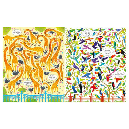 A vibrantly illustrated 300-piece jigsaw showing a busy zoo with all kinds of exciting animals, plus a picture puzzle book, presented together in a colourful sturdy box. Both are packed with things to spot and talk about: can you find a snowboarding penguin, a flamingo looking for its fishing net, and a little white mouse in every picture?
At The Zoo Book and Jigsaw