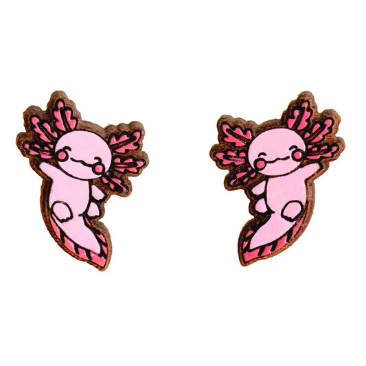Make a splash with these hand painted Axolotl earrings in pink, made from cherrywood. Perfectly petite at 1.3 x 0.9 cm, these delicate accessories are responsibly presented in eco-friendly packaging. Steal the spotlight with these unique and cute earrings!