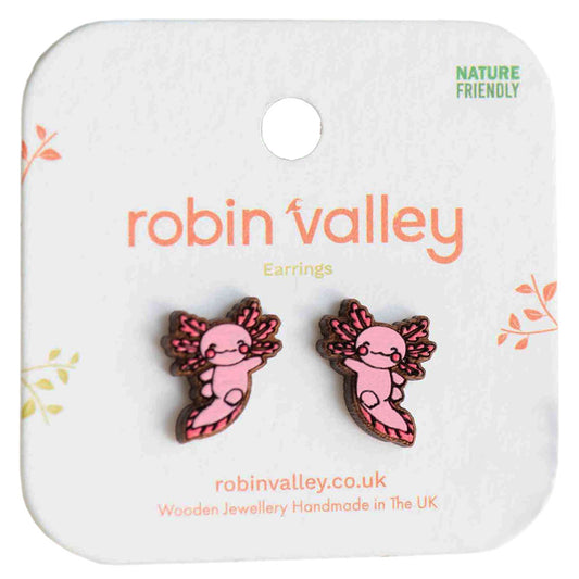 Make a splash with these hand painted Axolotl earrings in pink, made from cherrywood. Perfectly petite at 1.3 x 0.9 cm, these delicate accessories are responsibly presented in eco-friendly packaging. Steal the spotlight with these unique and cute earrings!