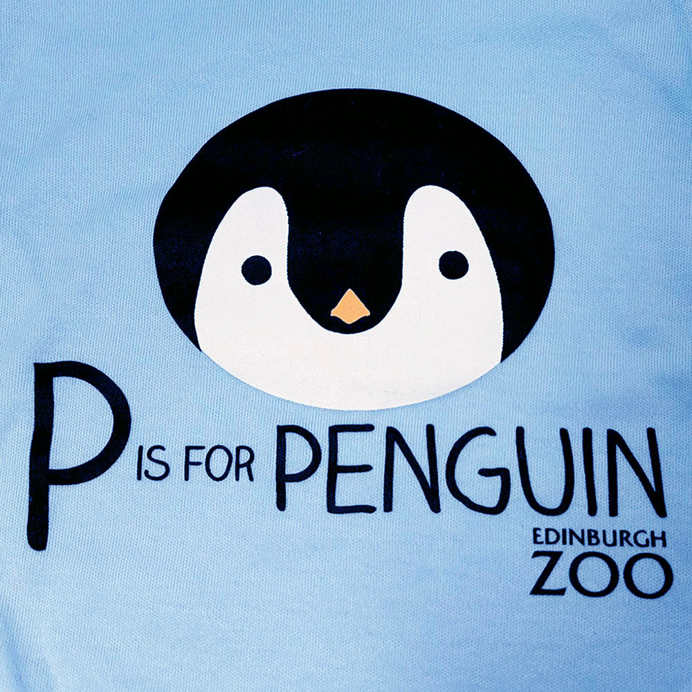 Edinburgh Zoo branded short sleeve babygrow in blue with penguin design. Made in the UK using 100% cotton.