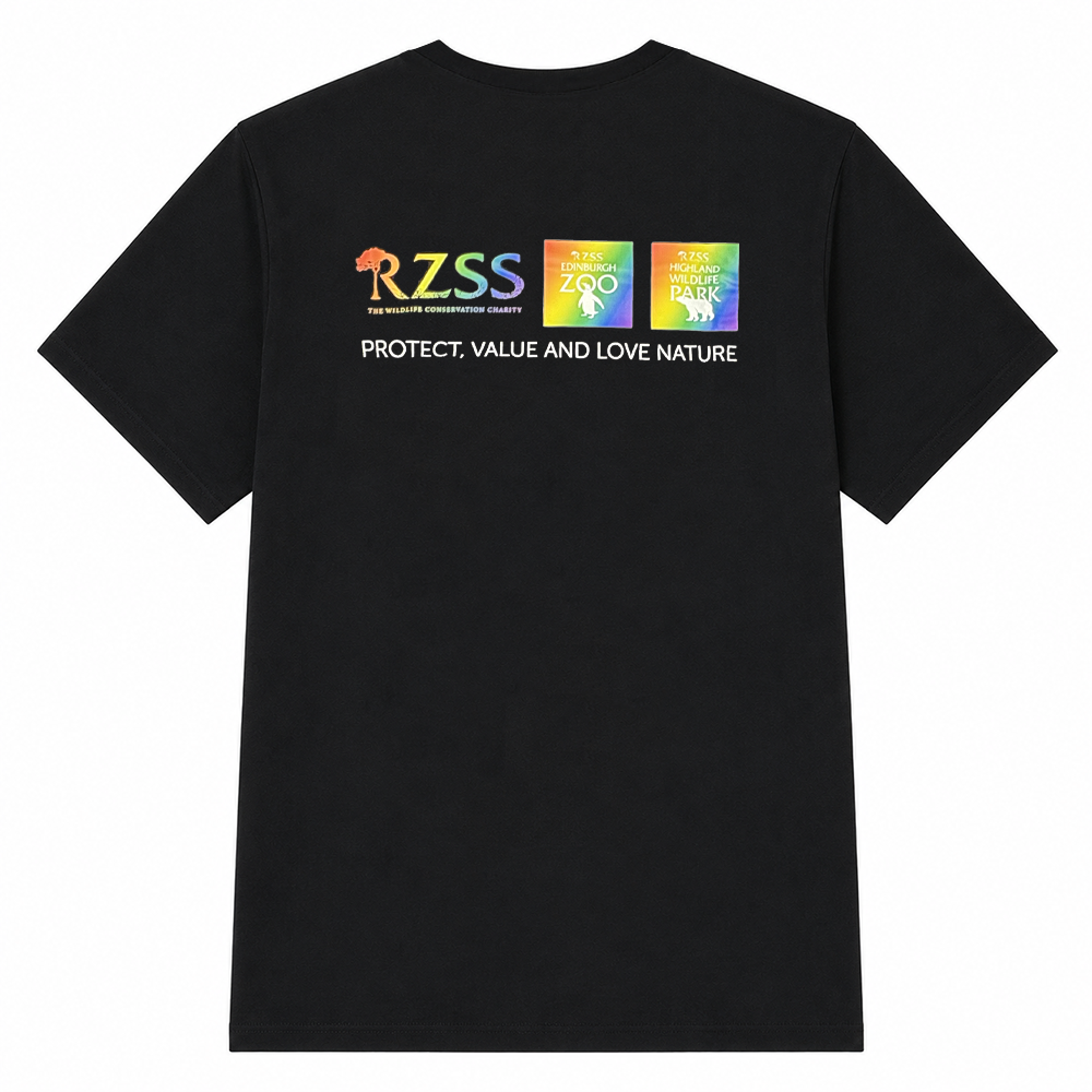 Join us in celebrating Pride with this polar bear Chillin with Pride T-shirt from the Royal Zoological Society of Scotland, Highland Wildlife Park.
100% cotton, please see size guide below.
Black T-shirt with Chillin with Pride print on front and rainbow RZSS Logo on the back.
100% Cotton