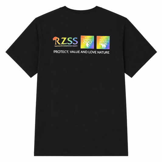 Join us in celebrating Pride with this polar bear Chillin with Pride T-shirt from the Royal Zoological Society of Scotland, Highland Wildlife Park.
100% cotton, please see size guide below.
Black T-shirt with Chillin with Pride print on front and rainbow RZSS Logo on the back.
100% Cotton