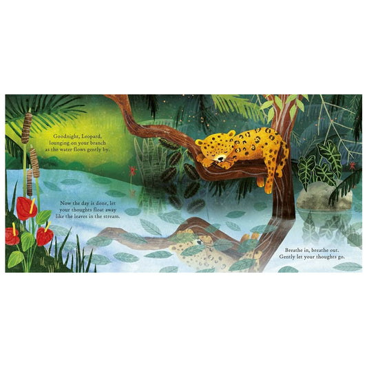 Let go of the day as you float along the sleepy river with the stars shining overhead, saying goodnight to the animals who are mindfully getting ready for bed. This peaceful bedtime read takes the form of a relaxing journey, beginning up a mountain as the sun starts to set, travelling down a river, passing sleepy animals and gently floating into the moonlit ocean.
The soothing text brings the reader's attention back to their breath and their body, helping little ones to be in the present moment and settle