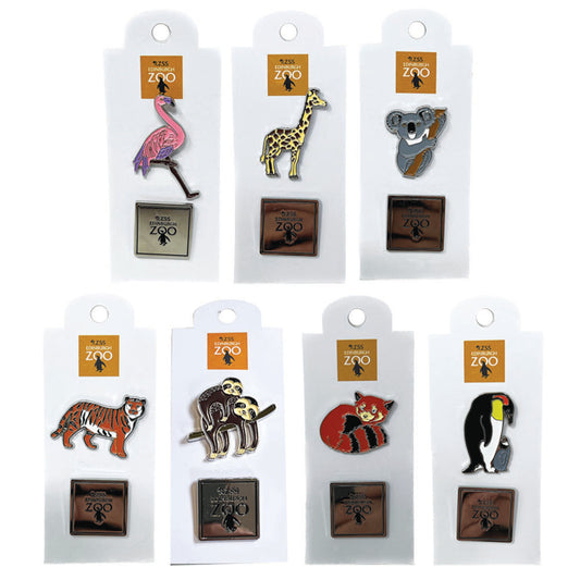 A range of high quality metal pin badges branded with the official Edinburgh Zoo logo. Dimensions: approx. 3 x 2.5cm. Available in sloth, red panda, penguin, flamingo, giraffe, koala and tiger designs.