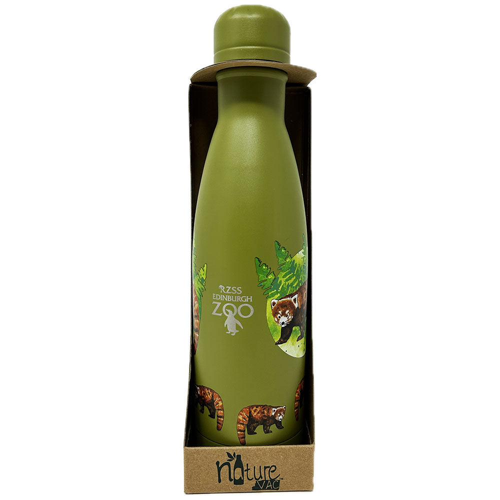 Stay Eco friendly with this recycled metal drinks bottle from Nature Vac featuring a sweet Red Panda design and our own Edinburgh Zoo Logo.
Double walled stainless steel vacuum insulated bottle will keep drinks hot for 12 hours or cool for 24 hours.
BPA Free, stainless steel.
500ml capacity 
Hand Wash