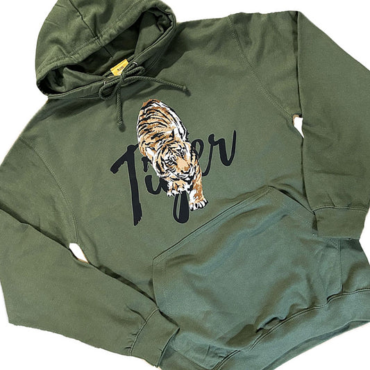 You’ll look grrrrrreat I this Edinburgh Zoo Tiger Hoodie in green. Double lined hood with drawcord, front pocket pouch, ribbed cuffs and hem, fleece back and classic fit.
80% cotton 20% Polyester