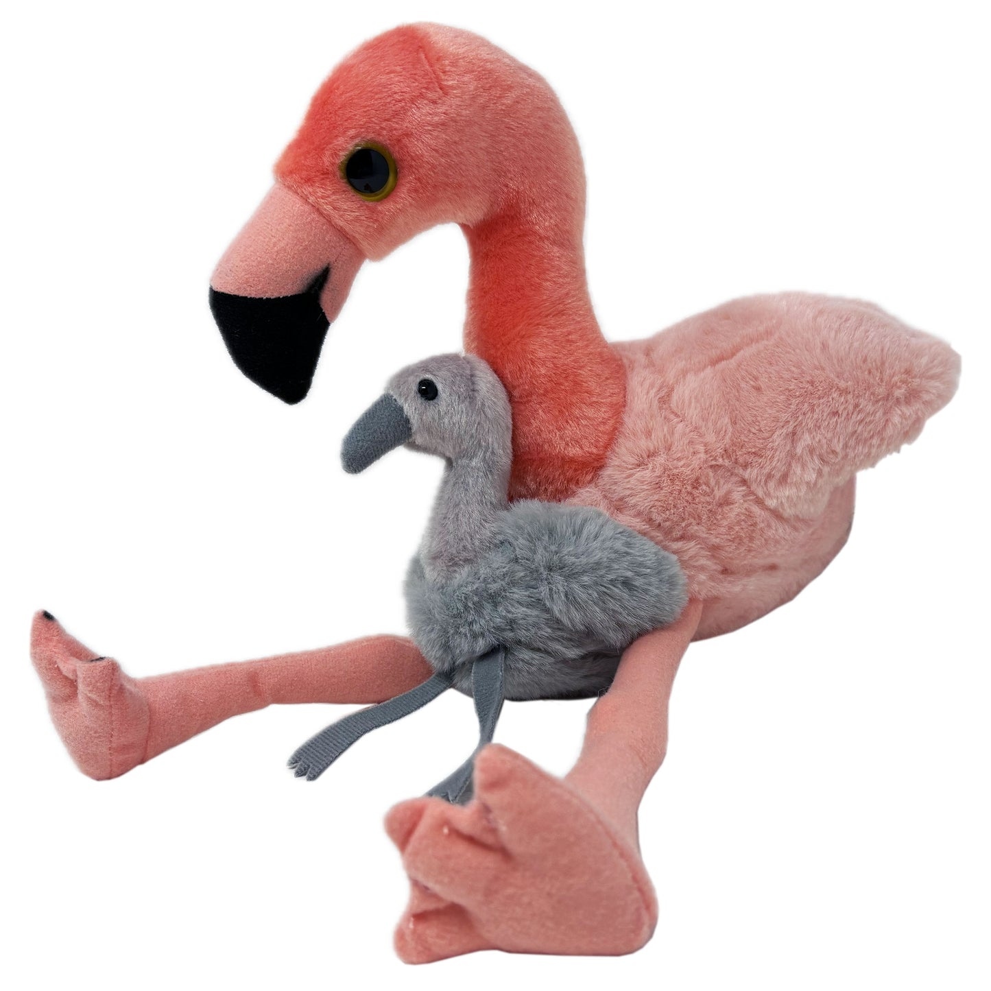 This delightful Flamingo with Chick soft toy will make your day. Full plush body adult flamingo with felted legs and beak, large soulful eyes and intricate detailing. Adult is accompanied by a small grey chick, also with a full plush body with felted beak and legs.
Adorably cute and just like our Chilean flamingos and chicks at Edinburgh Zoo.
22cm sitting.