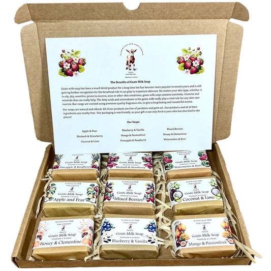 Scottish Goats Milk Soap Gift Set in fruit fragrances would make a lovely treat for anyone.
The eco-friendly gift box contains 9 varieties of essential oil soap bars, all 45 grams each. These fruit scented soaps are fragranced with premium oils giving them each their own wonderfully unique scent that lasts and is also gentle on your skin.