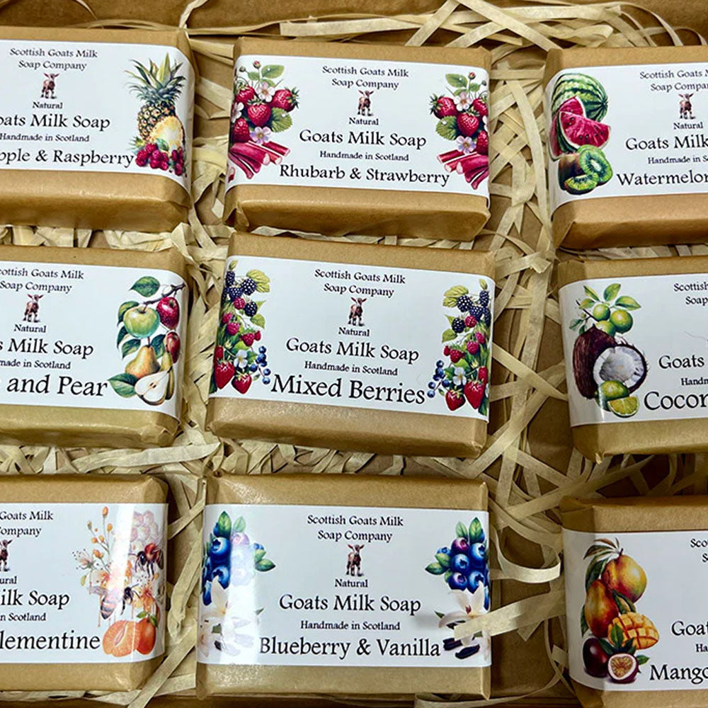 Scottish Goats Milk Soap Gift Set in fruit fragrances would make a lovely treat for anyone.
The eco-friendly gift box contains 9 varieties of essential oil soap bars, all 45 grams each. These fruit scented soaps are fragranced with premium oils giving them each their own wonderfully unique scent that lasts and is also gentle on your skin.