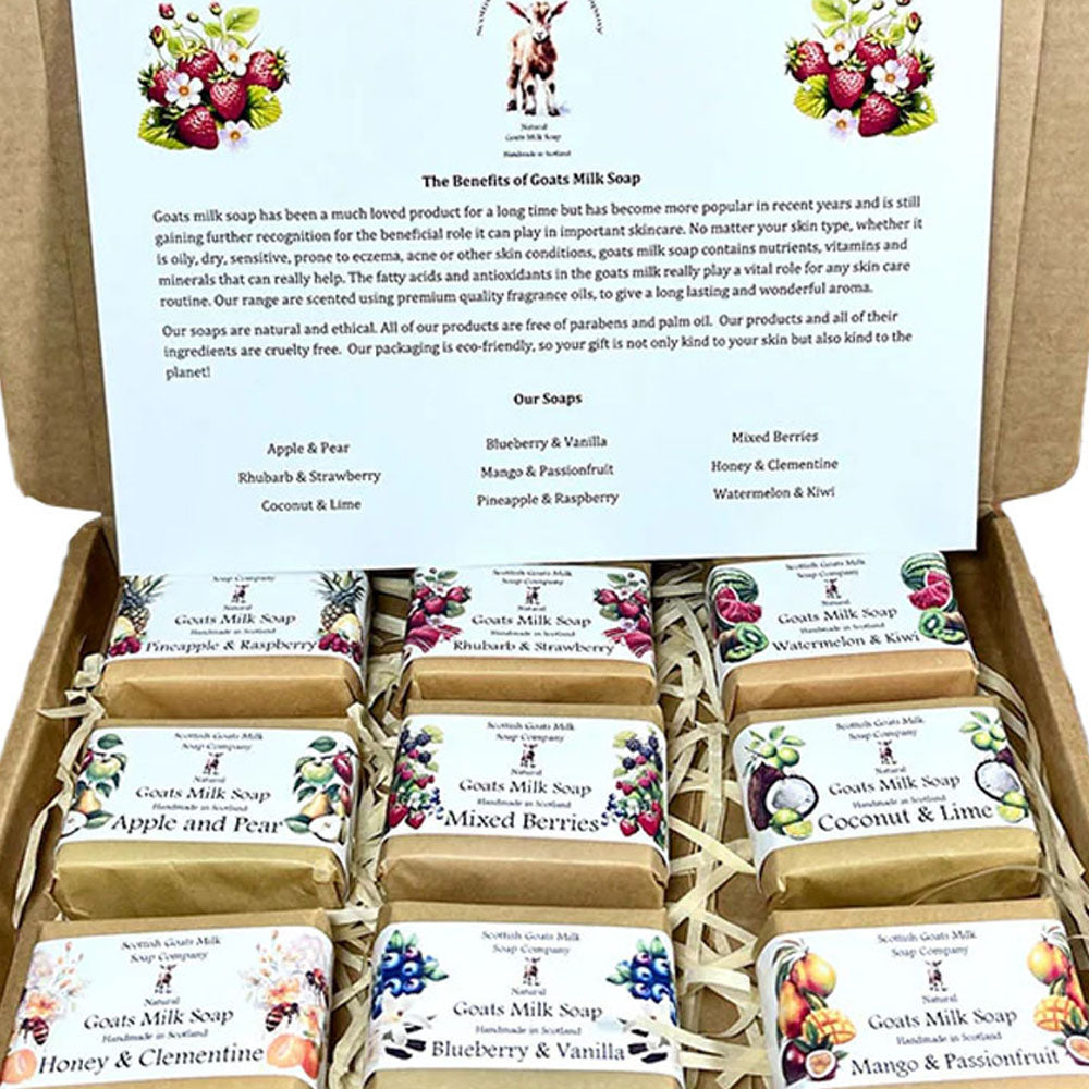 Scottish Goats Milk Soap Gift Set in fruit fragrances would make a lovely treat for anyone.
The eco-friendly gift box contains 9 varieties of essential oil soap bars, all 45 grams each. These fruit scented soaps are fragranced with premium oils giving them each their own wonderfully unique scent that lasts and is also gentle on your skin.