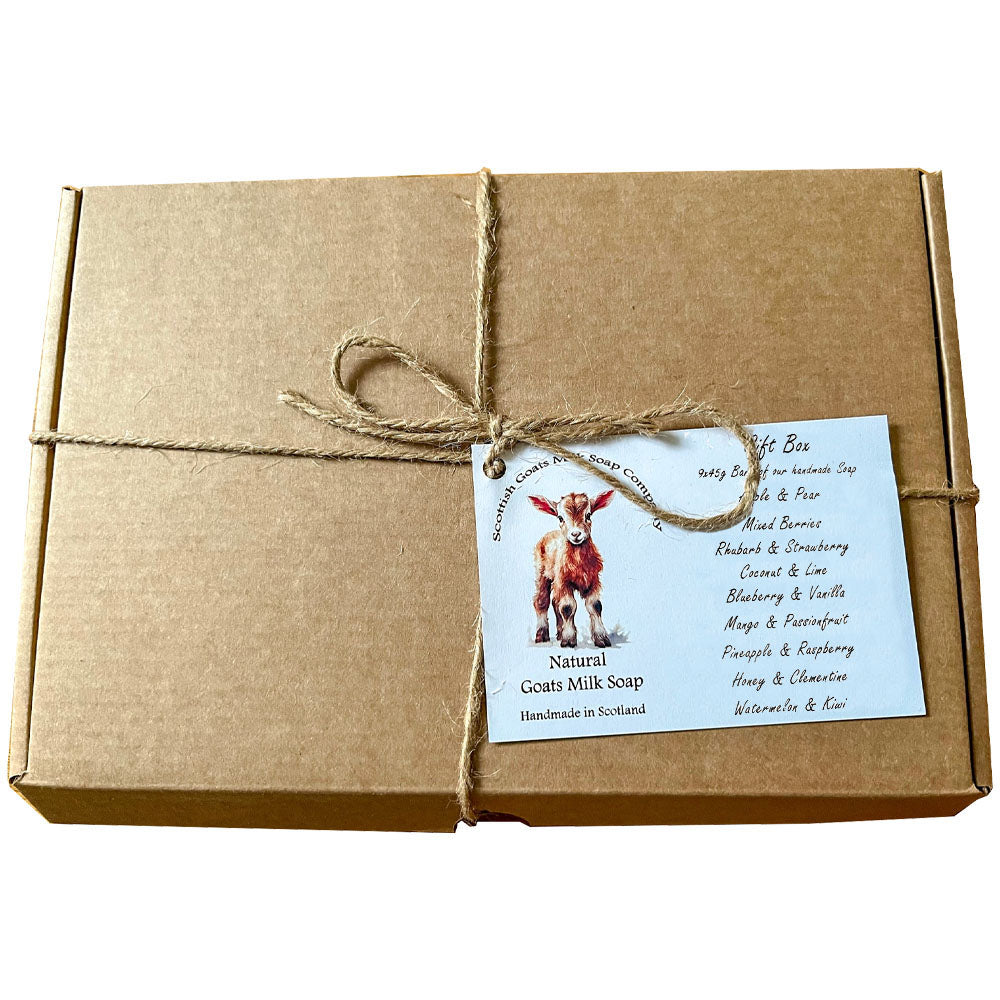 Scottish Goats Milk Soap Gift Set in fruit fragrances would make a lovely treat for anyone.
The eco-friendly gift box contains 9 varieties of essential oil soap bars, all 45 grams each. These fruit scented soaps are fragranced with premium oils giving them each their own wonderfully unique scent that lasts and is also gentle on your skin.