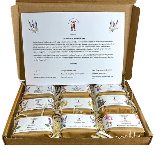 Scottish Goats Milk Soap Gift Set in original fragrances would make a lovely treat for anyone.
The eco-friendly gift box contains 9 varieties of essential oil soap bars, all 45 grams each. One natural unscented bar and 8 bars fragranced with pure essential oils giving them each their own wonderfully unique scent, a real treat for your skin and your sense of smell, not to mention your mind.