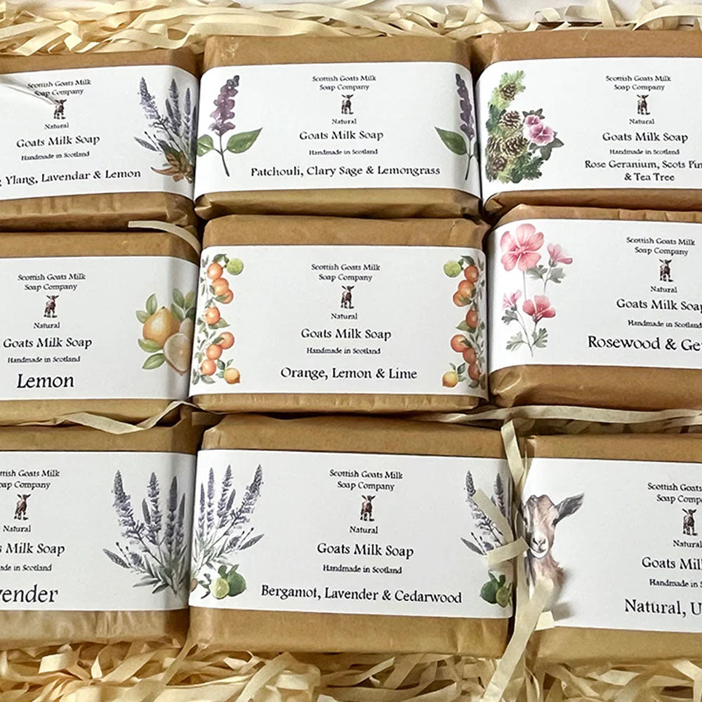 Scottish Goats Milk Soap Gift Set in original fragrances would make a lovely treat for anyone.
The eco-friendly gift box contains 9 varieties of essential oil soap bars, all 45 grams each. One natural unscented bar and 8 bars fragranced with pure essential oils giving them each their own wonderfully unique scent, a real treat for your skin and your sense of smell, not to mention your mind.