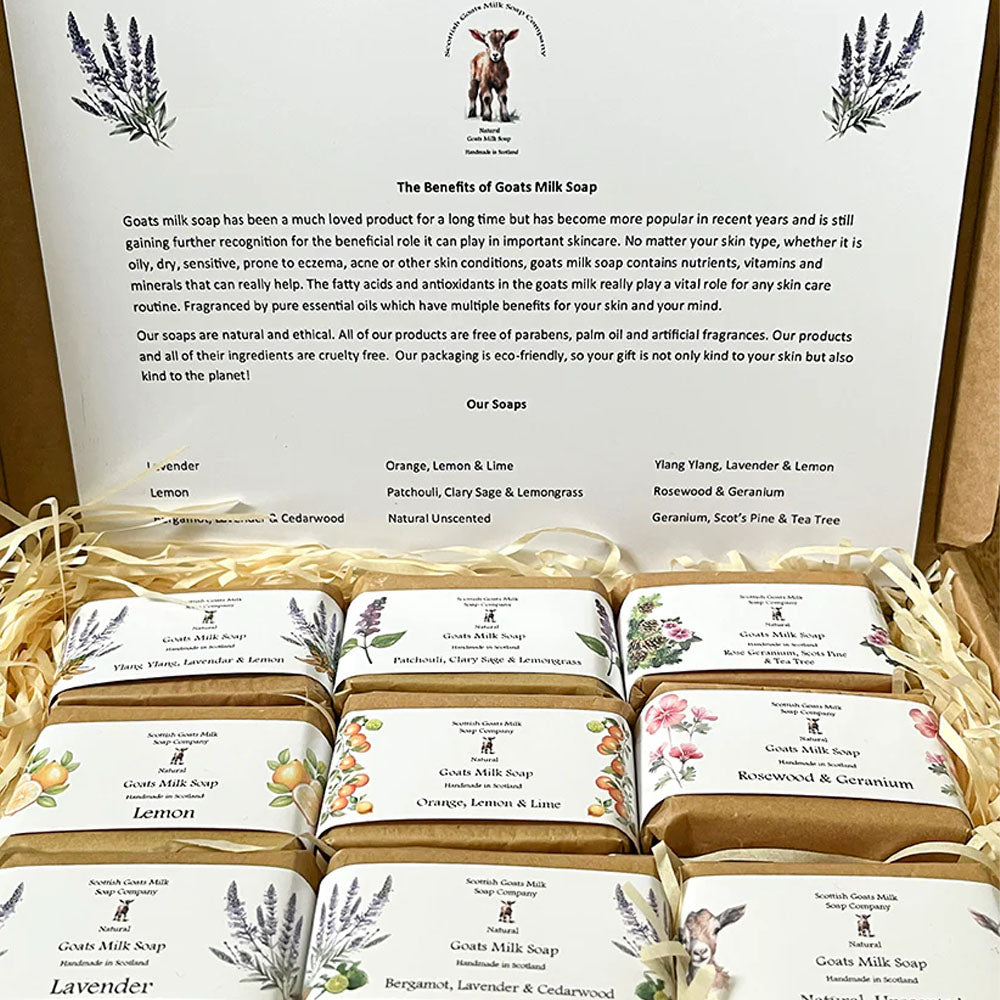 Scottish Goats Milk Soap Gift Set in original fragrances would make a lovely treat for anyone.
The eco-friendly gift box contains 9 varieties of essential oil soap bars, all 45 grams each. One natural unscented bar and 8 bars fragranced with pure essential oils giving them each their own wonderfully unique scent, a real treat for your skin and your sense of smell, not to mention your mind.