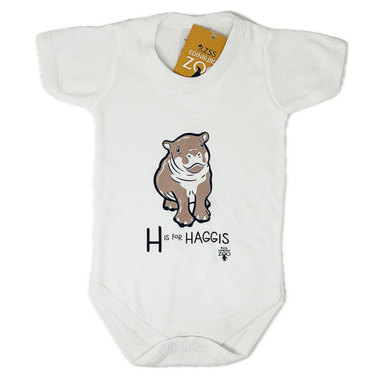 Have a little Hippo style with this Edinburgh Zoo H is for Haggis Babygrow in white. Made from 100% cotton and featuring oor wee Haggis.
Available in ages 3-6 months, 6-12 months & 12-18 months.