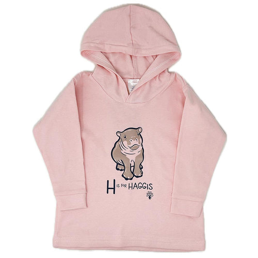 Have a little Hippo style with this Edinburgh Zoo H is for Haggis Baby Hoodie in white. Made from 100% cotton and featuring oor wee Haggis.
Available in ages 6-12 months, 12-18 months & 18-24 months