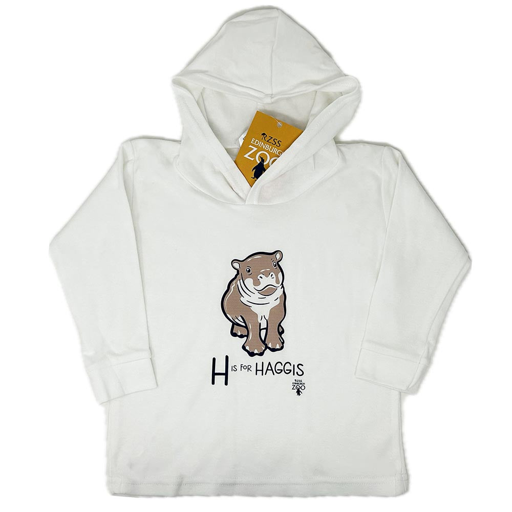 Have a little Hippo style with this Edinburgh Zoo H is for Haggis Baby Hoodie in white. Made from 100% cotton and featuring oor wee Haggis.
Available in ages 6-12 months, 12-18 months & 18-24 months