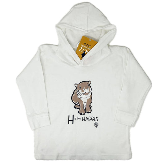 Have a little Hippo style with this Edinburgh Zoo H is for Haggis Baby Hoodie in white. Made from 100% cotton and featuring oor wee Haggis.
Available in ages 6-12 months, 12-18 months & 18-24 months