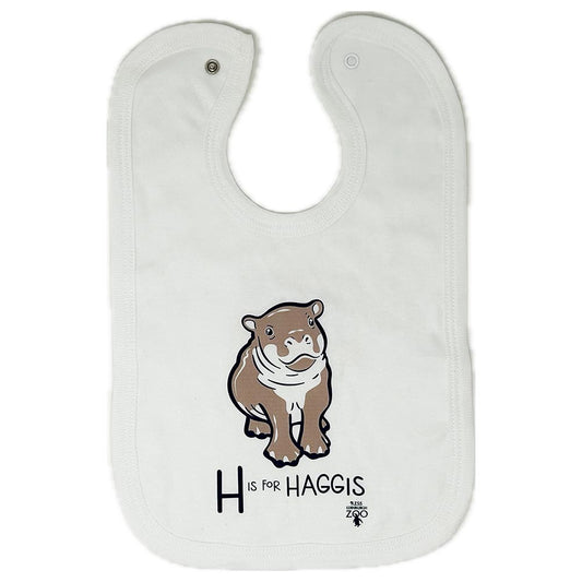 Hip-Hip-Hippo Hooray, make a splash with this Edinburgh Zoo H is for Haggis Bib in white. Made from 100% cotton with snap popper close. 