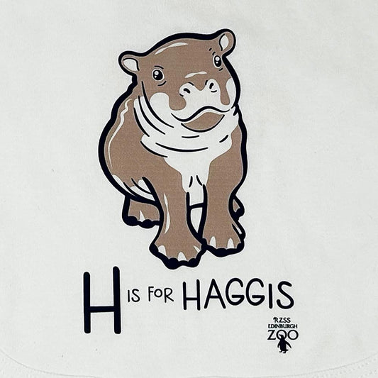 Hip-Hip-Hippo Hooray, make a splash with this Edinburgh Zoo H is for Haggis Bib in white. Made from 100% cotton with snap popper close. 