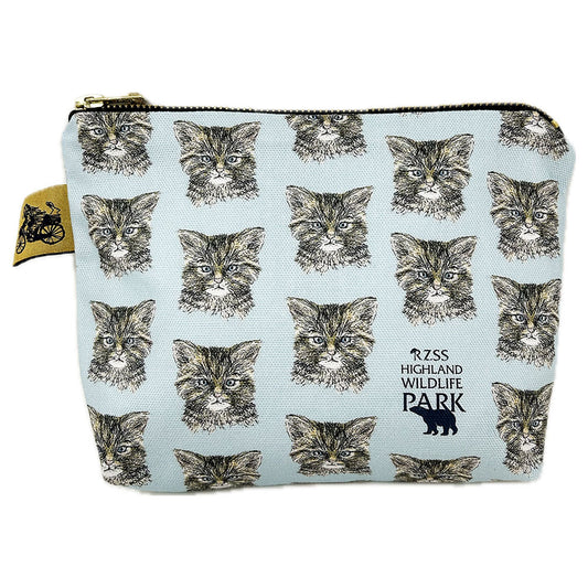 Wildcat Kitten Wash Bag, designed by Catherine Redgate exclusively for the Highland Wildlife Park. 100% cotton and lined with wipeable material, gold pull zip closure and gold bear on a bike Catherine Redgate tag. Measuring approximately 15cm high, 21cm wide when lying flat with a gusseted 5cm depth to the base giving a triangular finish and a flat bottom. Designed in Scotland.