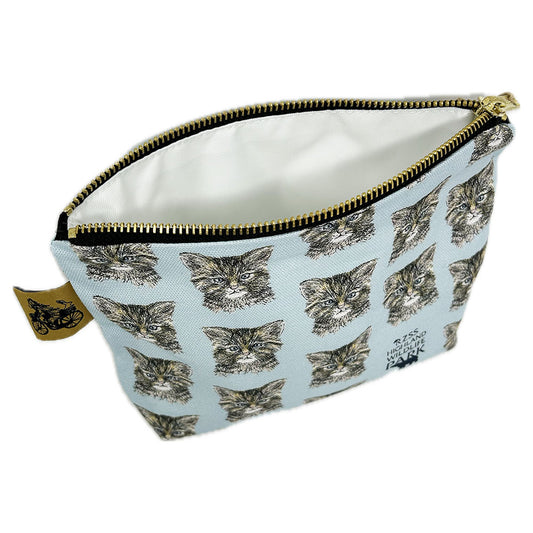 Wildcat Kitten Wash Bag, designed by Catherine Redgate exclusively for the Highland Wildlife Park. 100% cotton and lined with wipeable material, gold pull zip closure and gold bear on a bike Catherine Redgate tag. Measuring approximately 15cm high, 21cm wide when lying flat with a gusseted 5cm depth to the base giving a triangular finish and a flat bottom. Designed in Scotland.