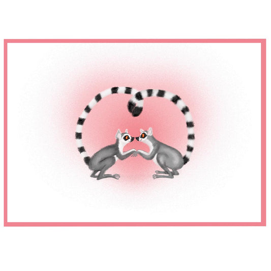 Give some love with this Lemurs In Love Greetings Card by Leopardy Nonsense. Designed and made in the UK on recycled paper and supplied in a compostable bag.
Blank inside for your own message.
Folded Card 10.5 x 14.7cm
Leopardy Nonsense, aka Elaine Macintyre is an illustrator from Edinburgh who captures simple joy and humour in her work. 