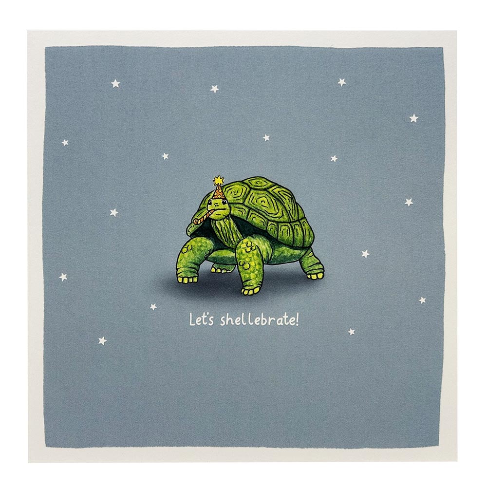 Let's Shellebrate card with super sweet aldadra tortoise illustration.
Designed and printed in the UK.
Made from recycled materials.
Blank inside.
15x15cm