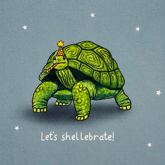 Let's Shellebrate card with super sweet aldadra tortoise illustration.
Designed and printed in the UK.
Made from recycled materials.
Blank inside.
15x15cm