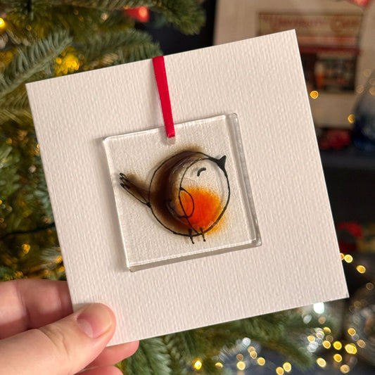 Wee robin fused glass card with hanging decoration