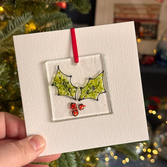 Holly fused glass card with hanging decoration (Copy)