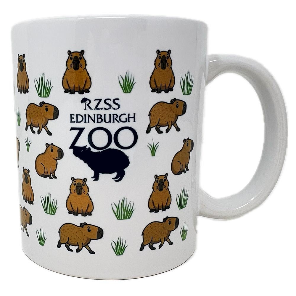 White mug with capybara illustrations and 'RZSS Edinburgh Zoo' text