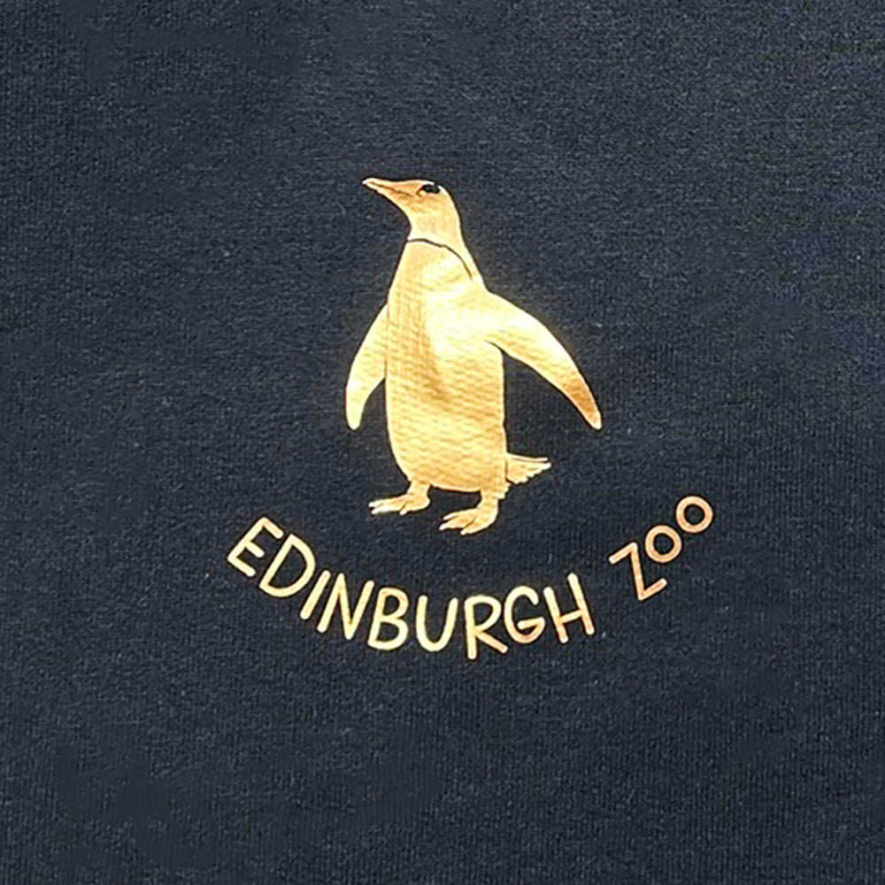 Stay warm with our Edinburgh Zoo Penguin Hooded Sweatshirt in Navy with metallic Rose Gold print. This hoody is a standard fit and is made from cotton with fleeceback inner. Sporting a kangaroo pocket at the front, metal eyelets for the thick hood strings and an adjustable hood.