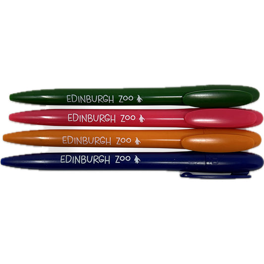 Write in style with our Edinburgh Zoo Recycled Pen which comes in four colours! Made with recycled materials, this pen writes in black ink. Sustainable and stylish - perfect for the environmentally conscious and zoo lovers alike.