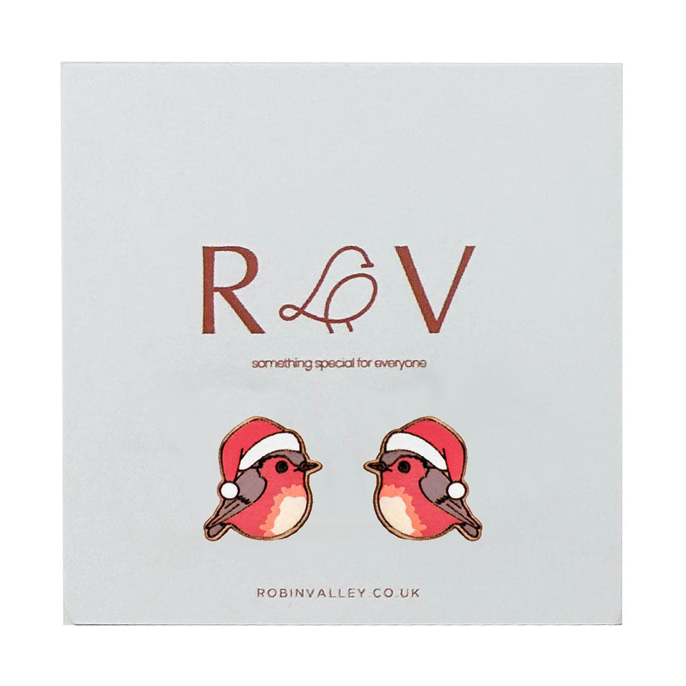 Christmas Robin Hand Painted Cherrywood Earrin