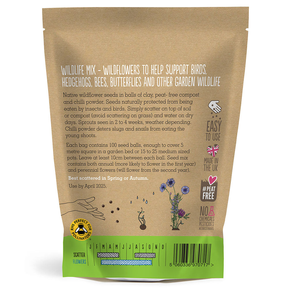 Each bag contains 100 seed balls, enough to cover 5 square metres in a garden bed or 15-25 medium sized pots (leave at least 10cm between each ball). Scatter at any time from early Spring until late Autumn.