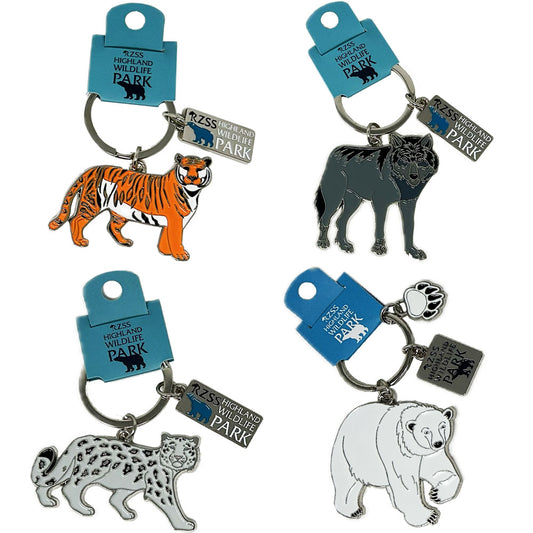 A range of high quality metal keyrings branded with the official Highland Wildlife Park logo. 
Dimensions: 12 x 5cm.
Available in Polar Bear, Snow Leopard, Tiger & Wolf. 