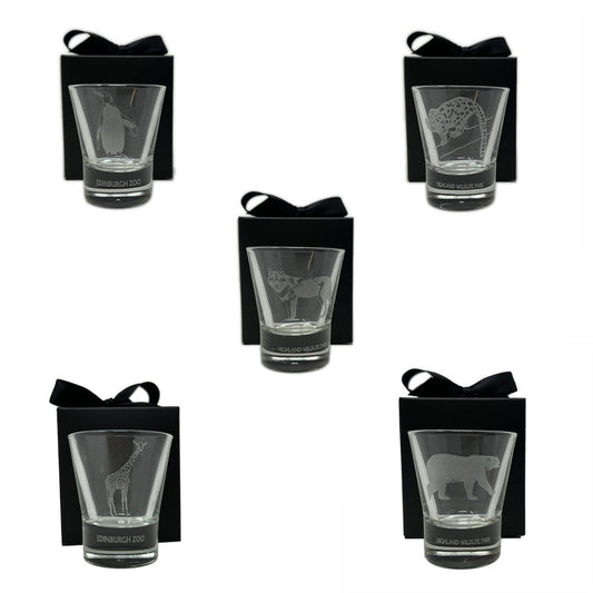 Branded animal shot glass in 5 designs: Penguin & Giant Panda (Edinburgh Zoo) & Snow Leopard, Polar Bear and Wolf (Highland Wildlife Park).   These lovely glasses are a great gift and come in a branded gift box.   Dimensions: Height 7cm