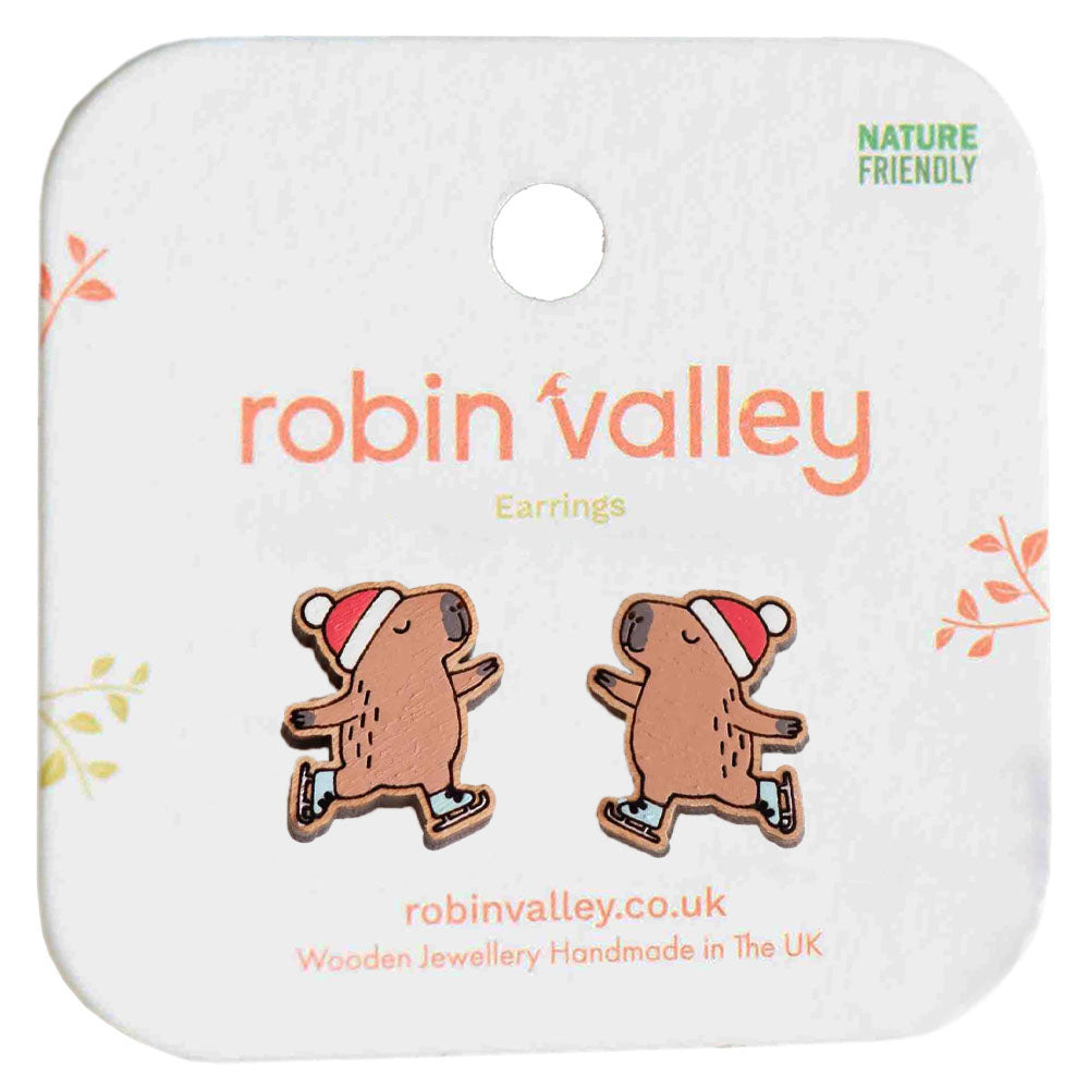 Skating Capybara Hand Painted Cherrywood Earrings