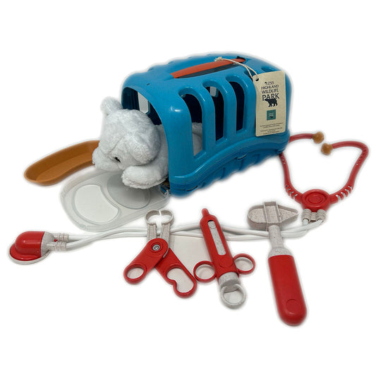 Every young animal lover will love looking after their very own Polar Bear with this Polar Bear Vet Set from Nature Planet. Branded with our very own Highland Wildlife Park Logo. The set contains vet tools, an animal carrier and a cuddly polar bear soft toy. Carrier Size: 20x14x15cm. Soft Toy Size: 15cm Approx.