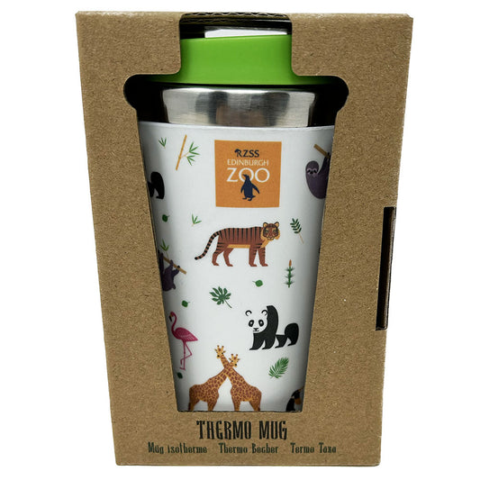 Stainless steel thermo travel mug from Edinburgh Zoo featuring our pandas, amur tigers, sloths, giraffes, koalas and penguins.