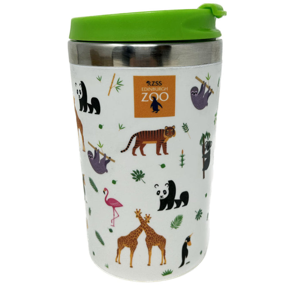 Stainless steel thermo travel mug from Edinburgh Zoo featuring our pandas, amur tigers, sloths, giraffes, koalas and penguins.