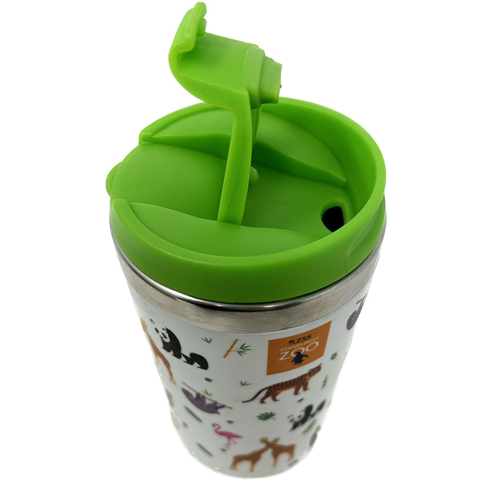 Stainless steel thermo travel mug from Edinburgh Zoo featuring our pandas, amur tigers, sloths, giraffes, koalas and penguins.